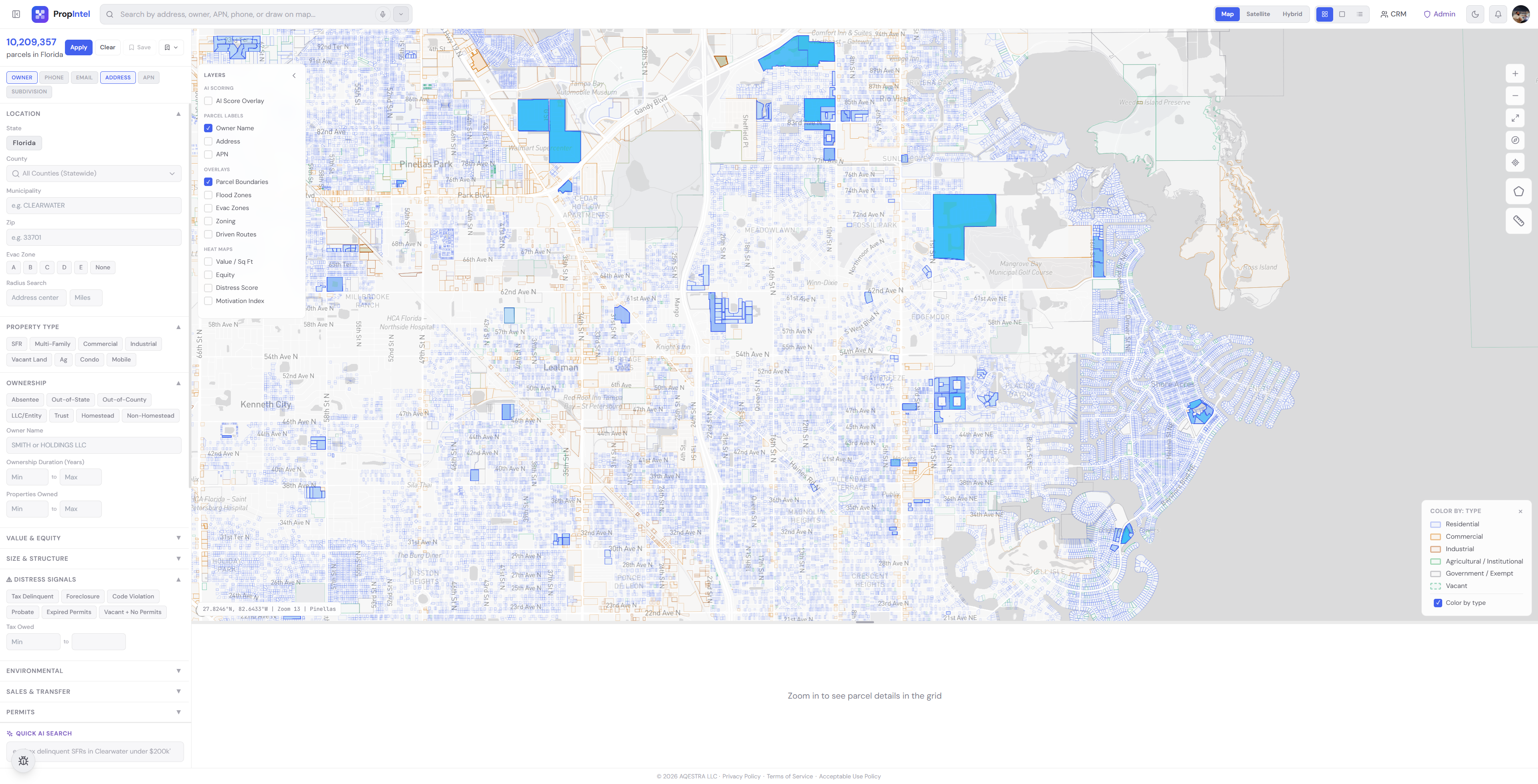 PropIntel dashboard — parcel map with distress scoring